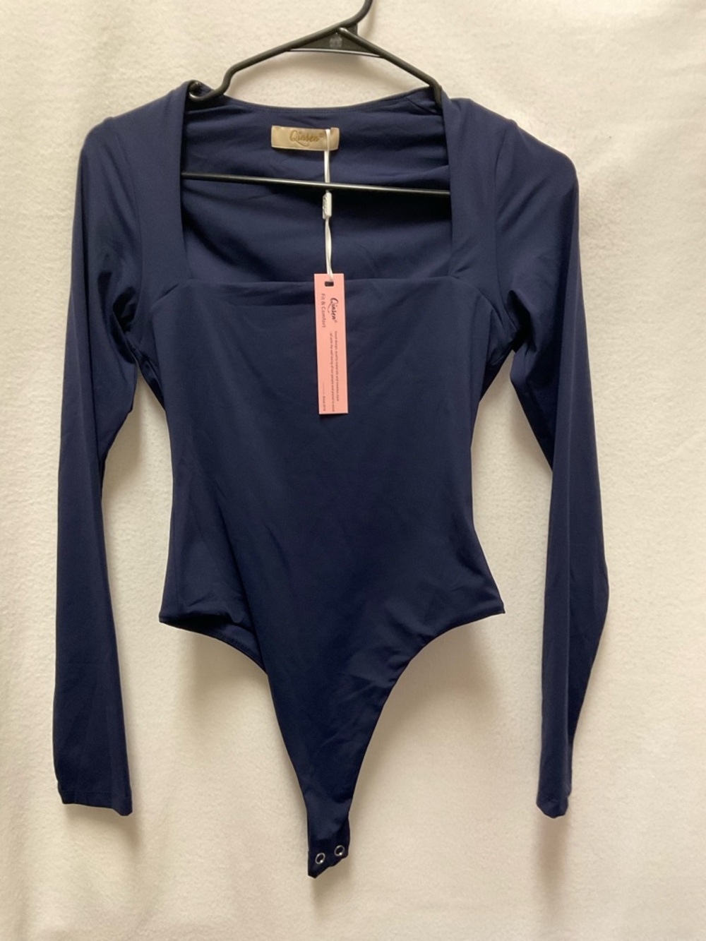 Navy Square-Neck Long Sleeve Bodysuit with Snap Closure